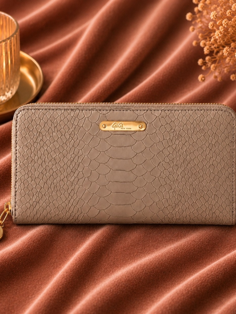 NWOT GiGi New York Taupe Embossed Zip Wallet with Gold Hardware